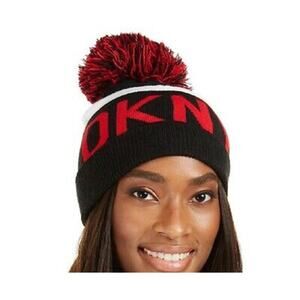DKNY Women's Logo Stadium Beanie With PomPom Red/black hat Warmer